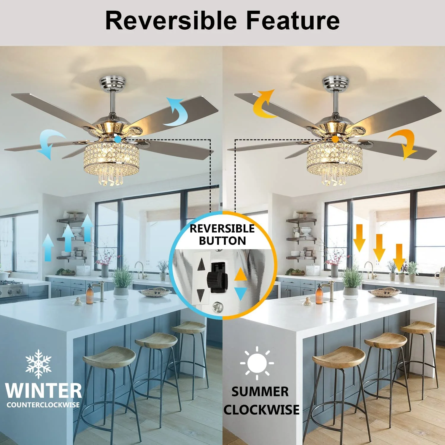 52' Crystal Ceiling Fan Lamp with Lights Remote Control, 5 Reversible Blades, Classical Chandelier Fan, 3-Speed, Timing