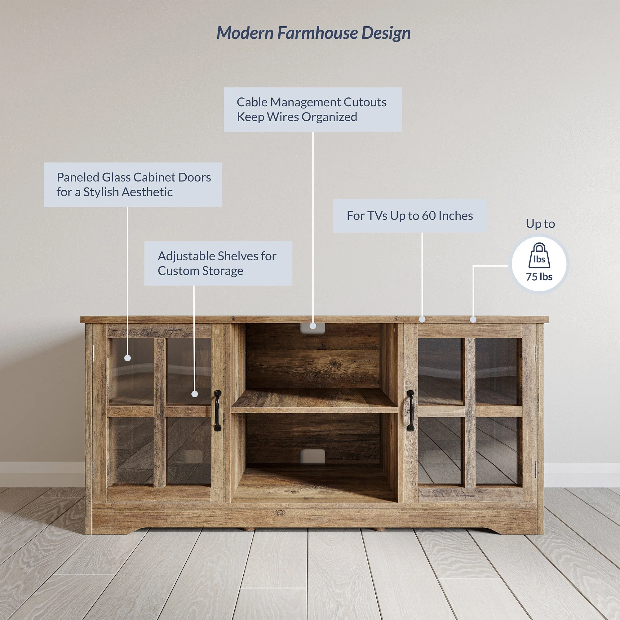 BELLEZE TV Stand Media Entertainment Center Console - Cori (Rustic Oak)