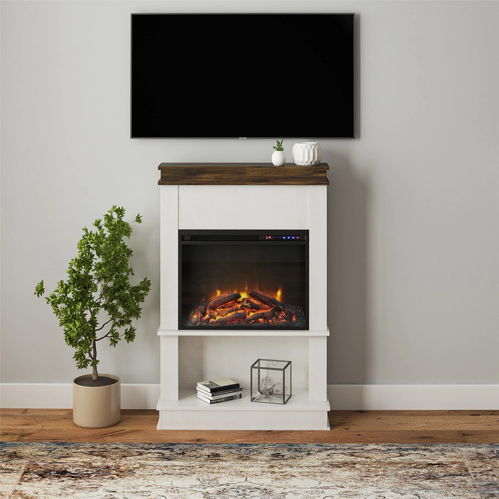 Ameriwood Home Mabrick Electric Fireplace with Mantel & Open Shelf, Ivory Oak with Rustic