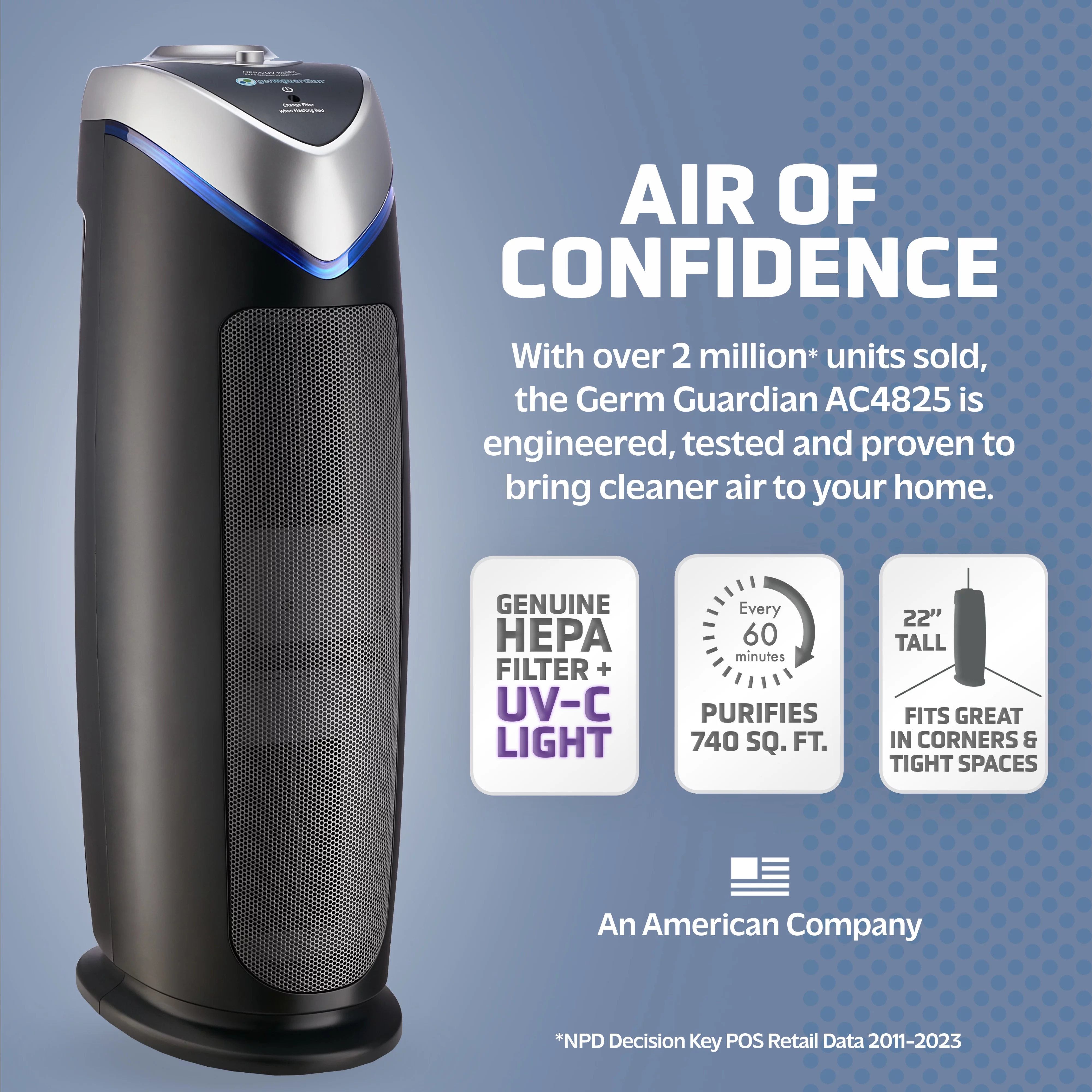 GermGuardian Air Purifier with HEPA Filter, UV-C, Removes Odors, Smoke, 743 Sq. ft, AC4825DLX, Gray