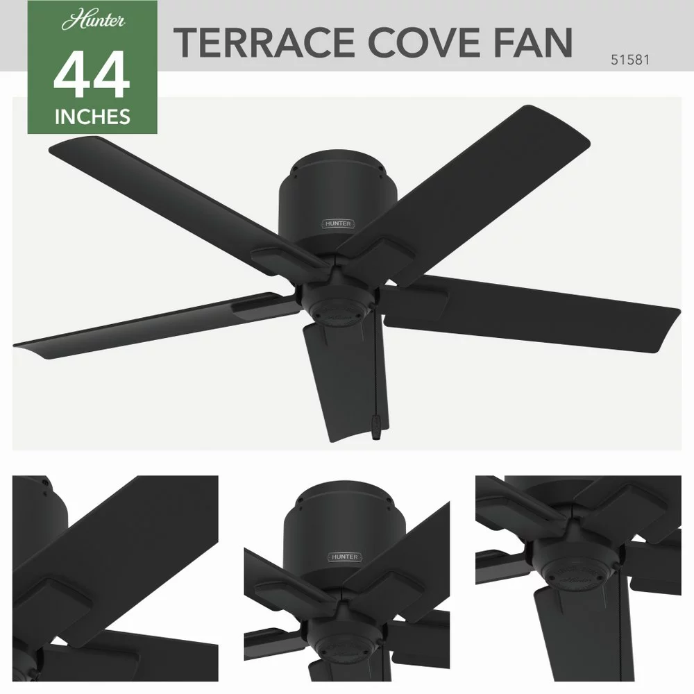 Hunter 44 inch Terrace Cove Matte Silver Low Profile Damp Rated Ceiling Fan and Pull Chain