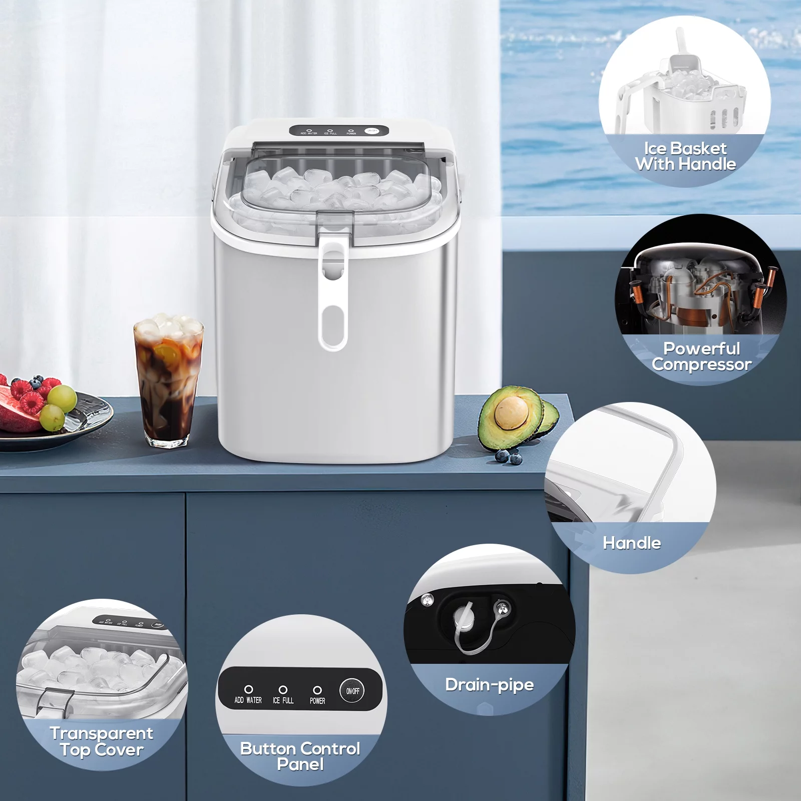 KISSAIR Portable Ice Maker Countertop, with Handle, 26Lbs/24H, 9Pcs/6Mins, One-Click Operation Ice Makers with Ice Scoop and Basket, Self-Cleaning, for Kitchen/Office/Bar/Party (White)