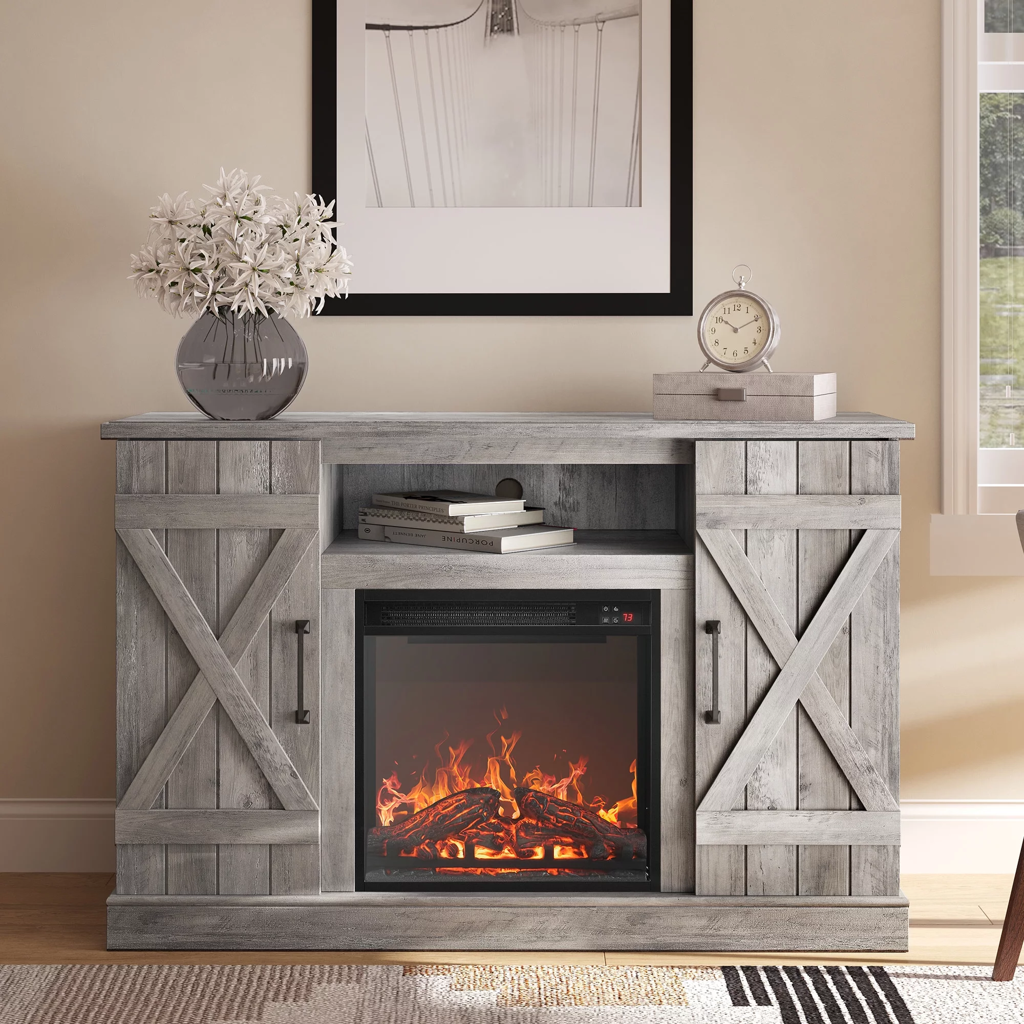 BELLEZE 47' Rustic TV Stand Entertainment Center For TVs up to 50' with 18' Fireplace - Veropeso (Gray Wash)