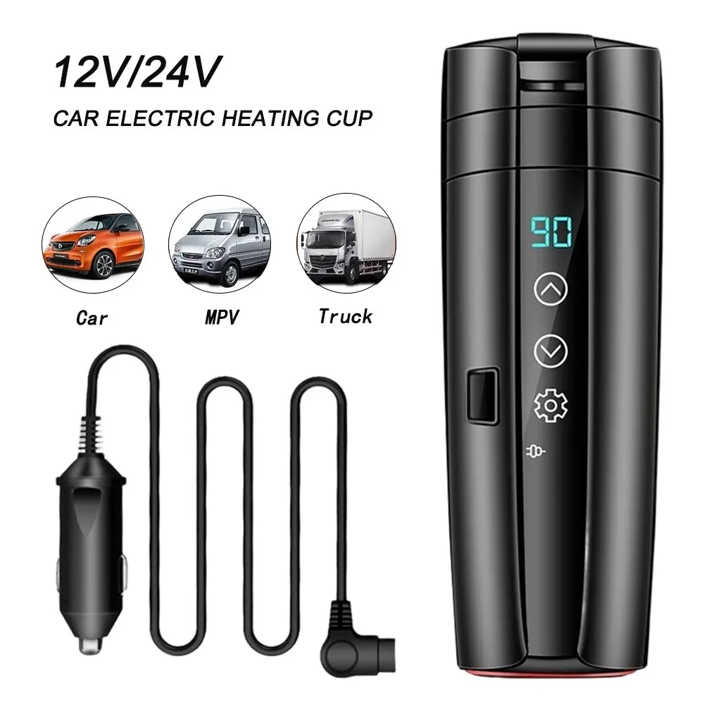 12V 24V Car Heating Cup 500ML Smart Temperature Display Thermos Cup Stainless Steel Thermos Portable Electric Kettle Coffee Cups