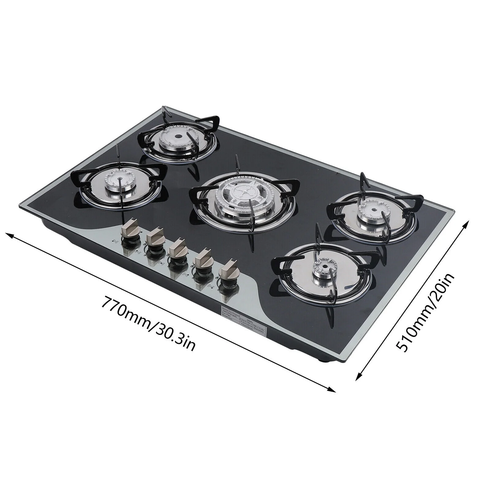 30' Stainless Steel Gas Stove, 5 Burner Built-in Stoves Gas Cooktop Cooker Black, Smooth Surface Automatic Pulse Ignition Countertop Stove