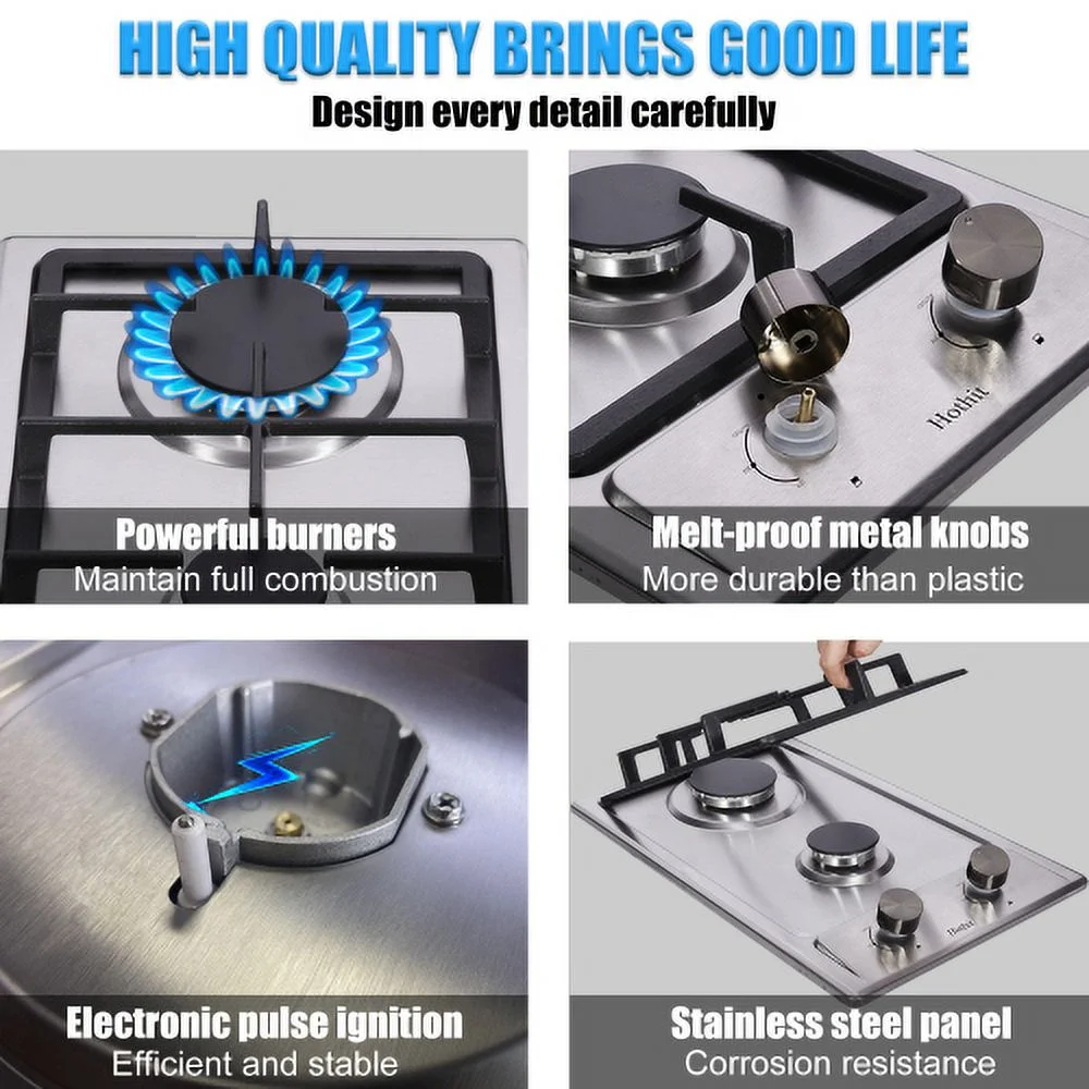 Hothit 2 Burner Propane Gas Cooktop, 12' Inch LPG/NG Dual Fuel Built-in Gas Stove Top, Stainless Steel Electronic Ignition Gas Hob for Apartment, Outdoor, RVs