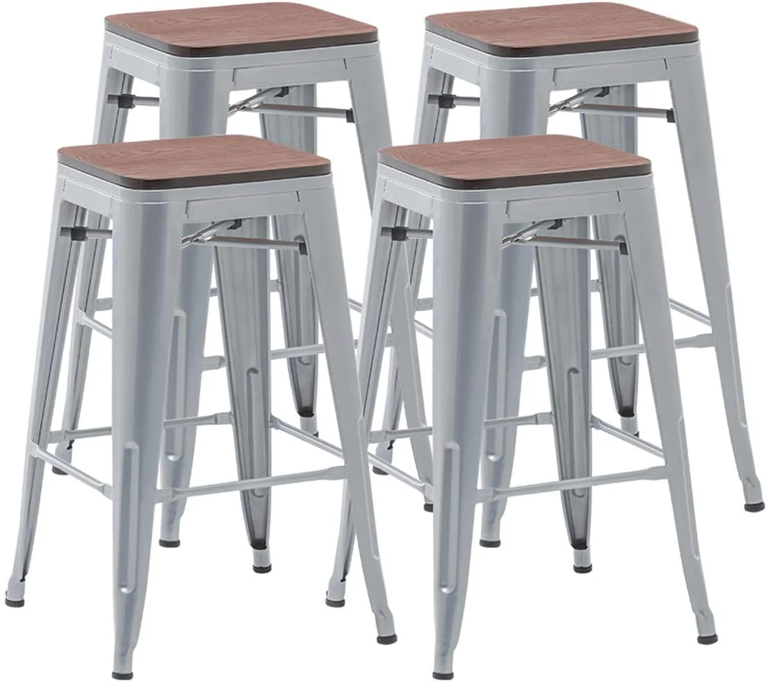 Andeworld 26' Metal Counter Height Bar Stools Set of 4 Industrial Backless Kitchen Counter Stool Stackable Barstools Wood Top-Silver