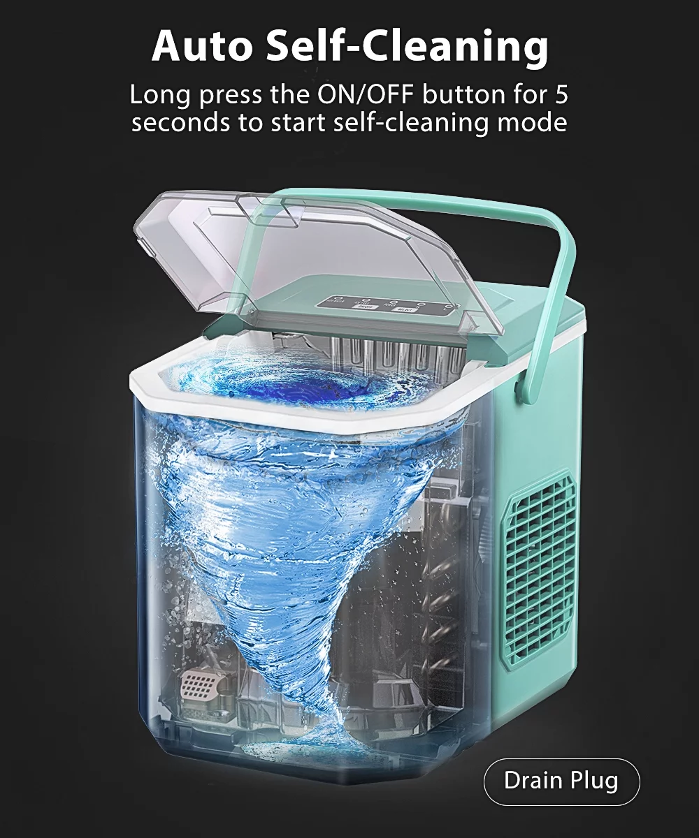 Besttey Countertop Ice Maker, 26lbs/Day, 2 Ice Sizes(S/L), Self-Cleaning w/ Ice Scoop and Basket, Handheld Ice Maker, Green
