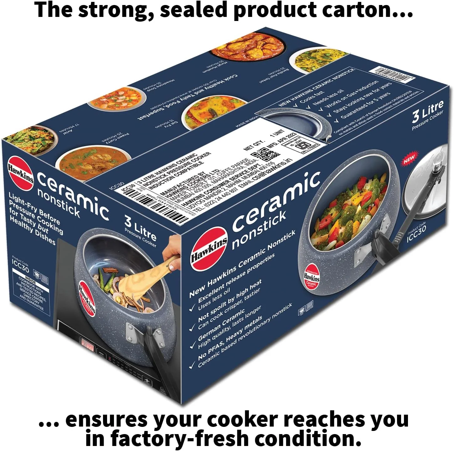 Hawkins 3 Litre Ceramic Nonstick Pressure Cooker, Induction Inner Lid Cooker, Granite Contura Shaped Cooker, Best Cooker (ICC30)