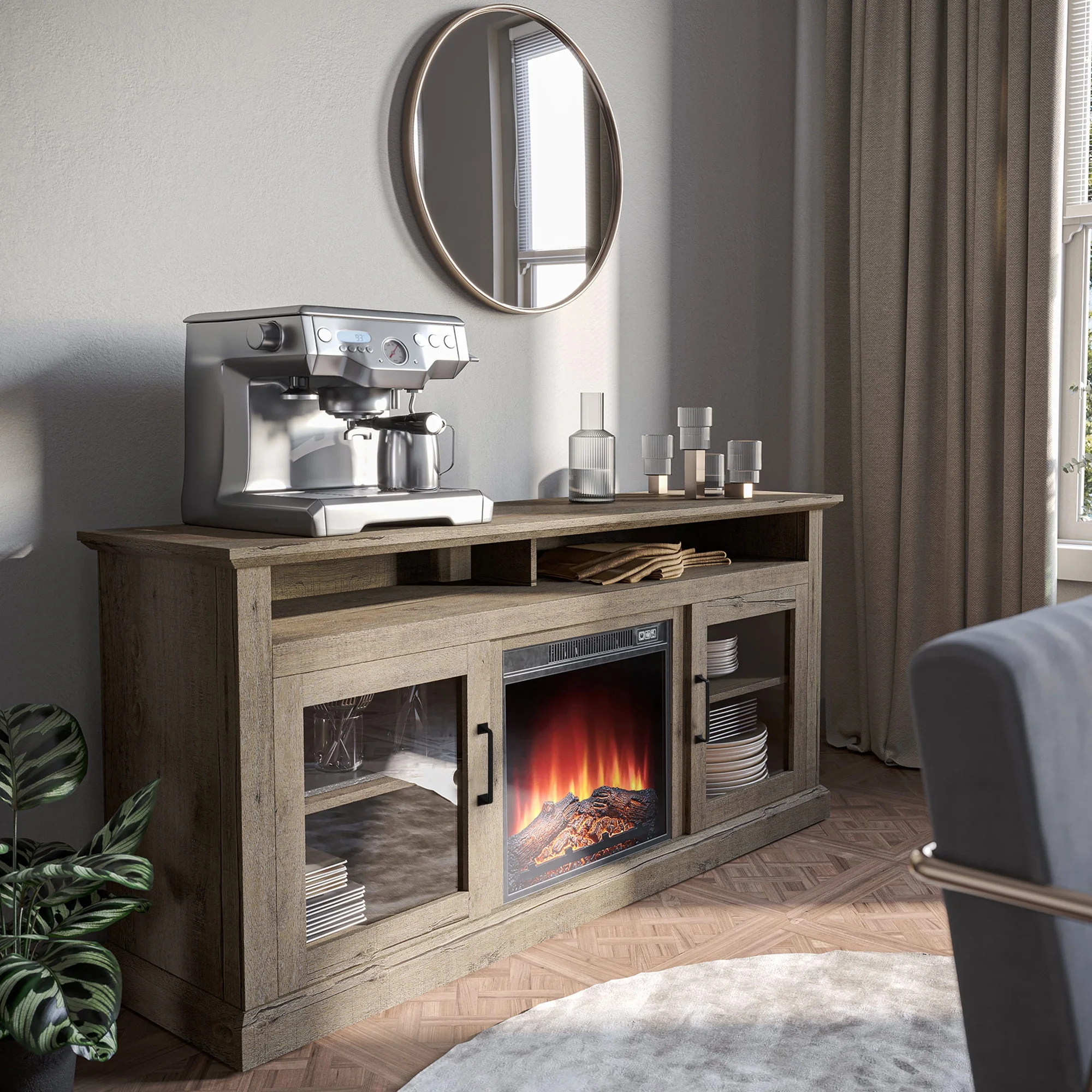 BELLEZE 60' Traditonal TV Stand Media Entertainment Center For TVs up to 65' with 18' Fireplace - Cayman (Wood)