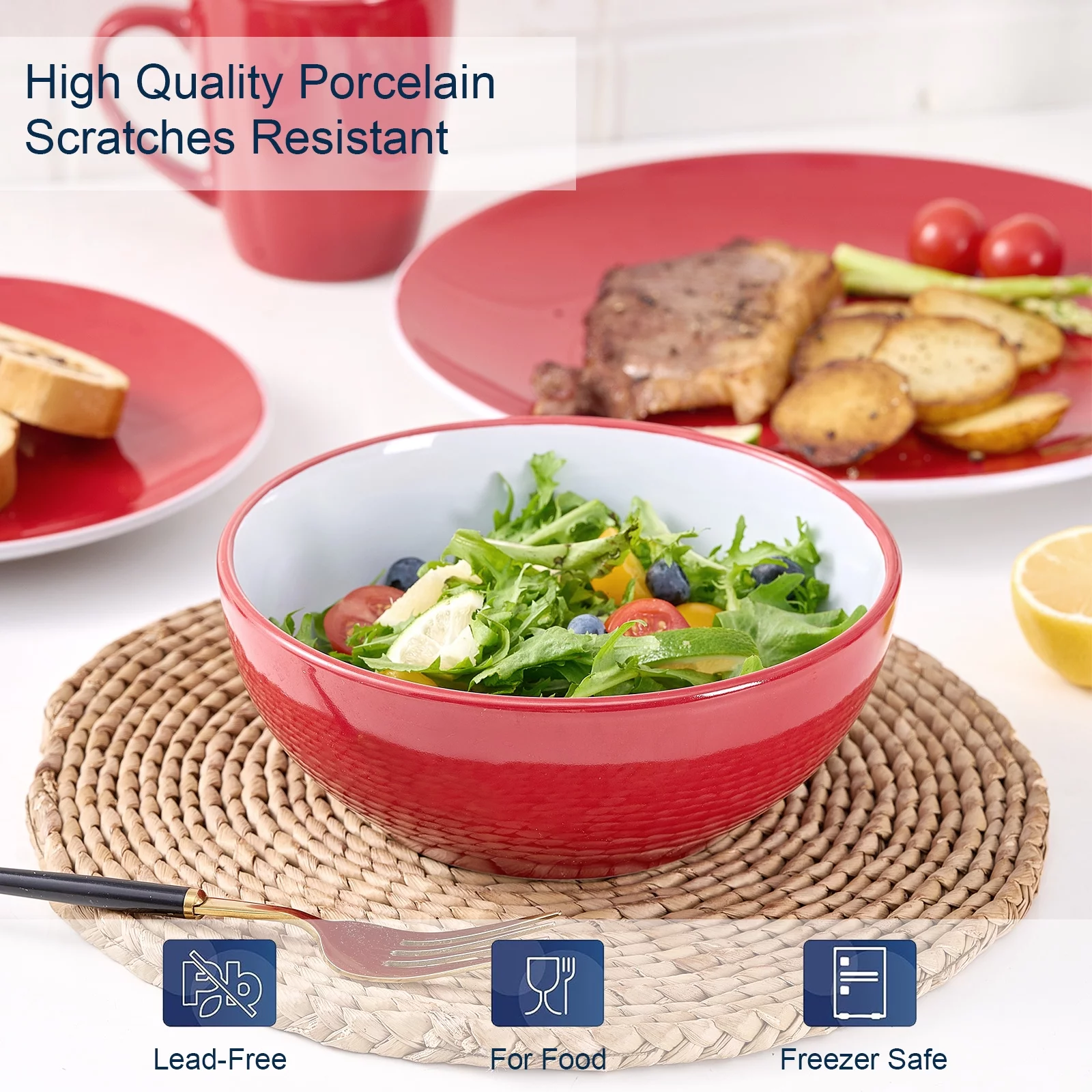 Bestone 16 Piece Round Kitchen Dinnerware Set,Plates and Bowls sets,Dishes, Plates, Bowls, Mugs, Dish Set?Plates and Bowls,Service for 4, Stoneware Dinnerware,Red and White