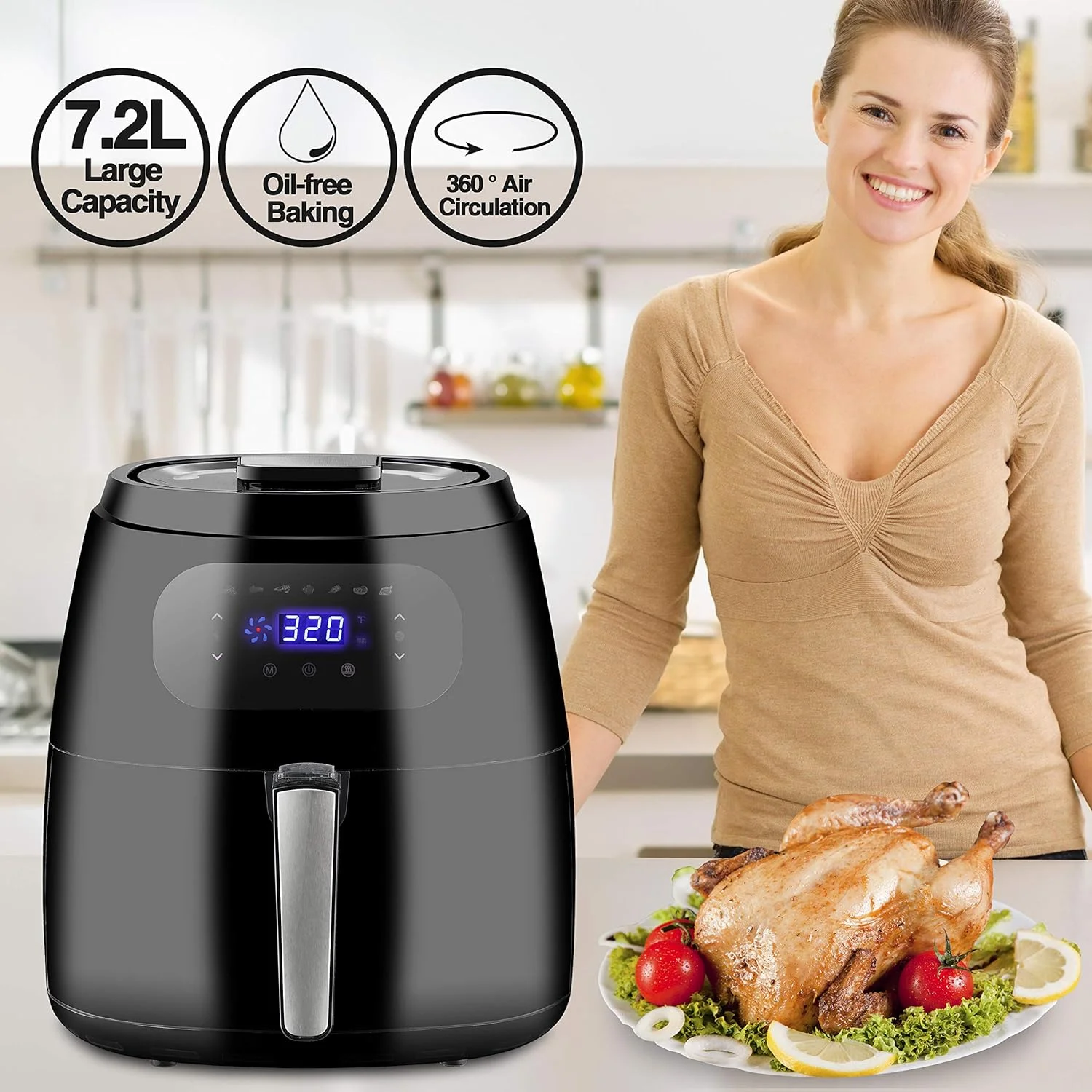 7.6 QT Air Fryer Oven Cooker with 7 Cooking Presets Auto Shut off & Timer Dishwasher Safe Parts Recipes & CookBook, 1700W, Black