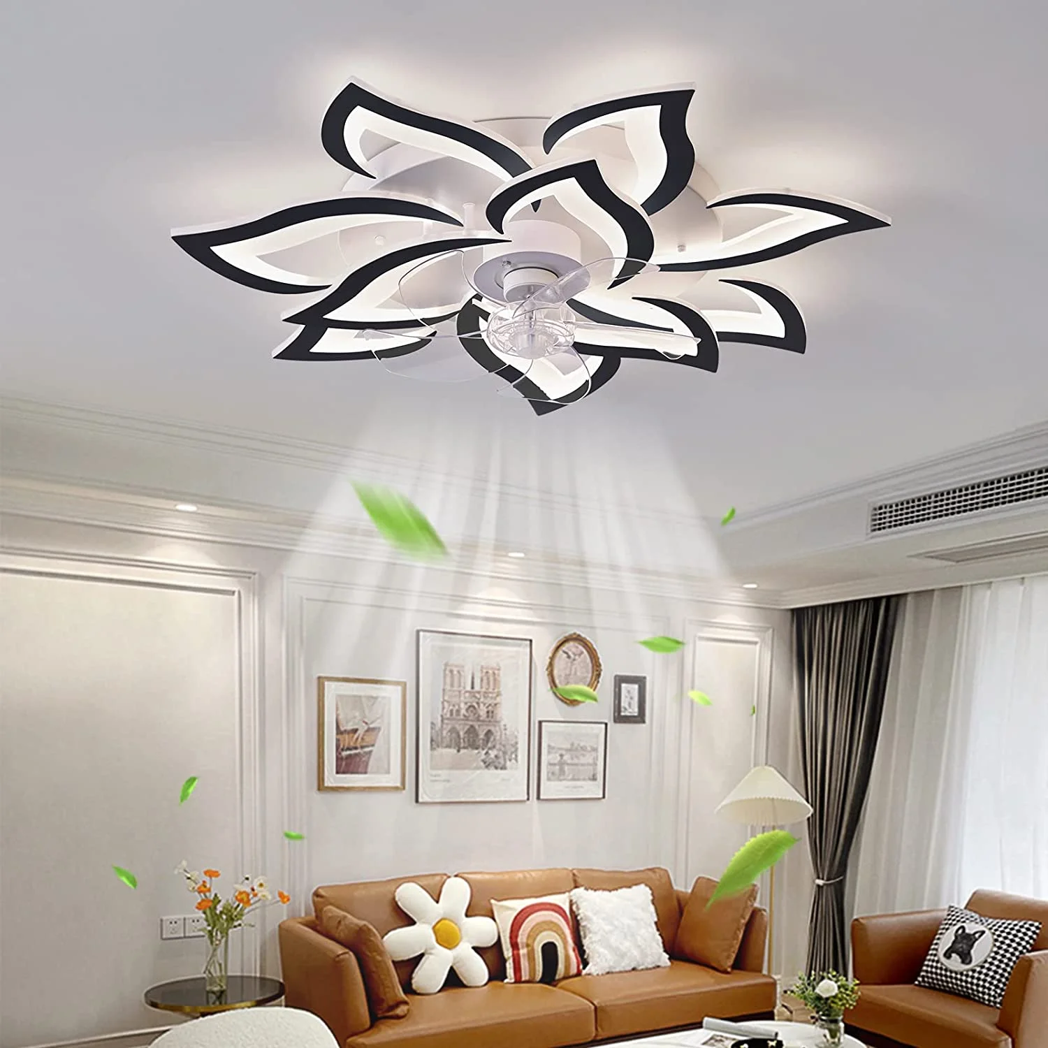 32In Black Ceiling Fans with Lights and APP Remote Control,Modern Flush Mount 3 Color 6 Speeds Dimmable Round Low Profile Ceiling Fan with Lights for Bedroom Children's Room Dining Room Living