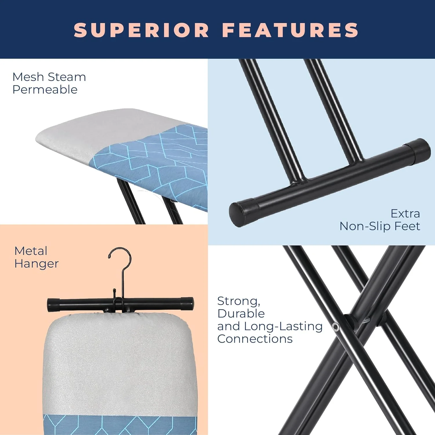 Ironing Board, Compact and Space Saver Foldable Iron Board, Safety Ironing with Park Zone and 3 Layers Extra Thick Cover, Adjustable Height, Easy Storage with Smart Hanger and Lightweight Design