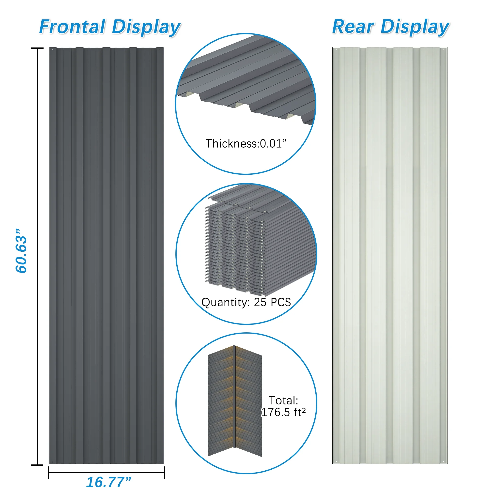 25 Pcs Galvanized Metal Roof Panels Hardware Roofing Sheets, Gray