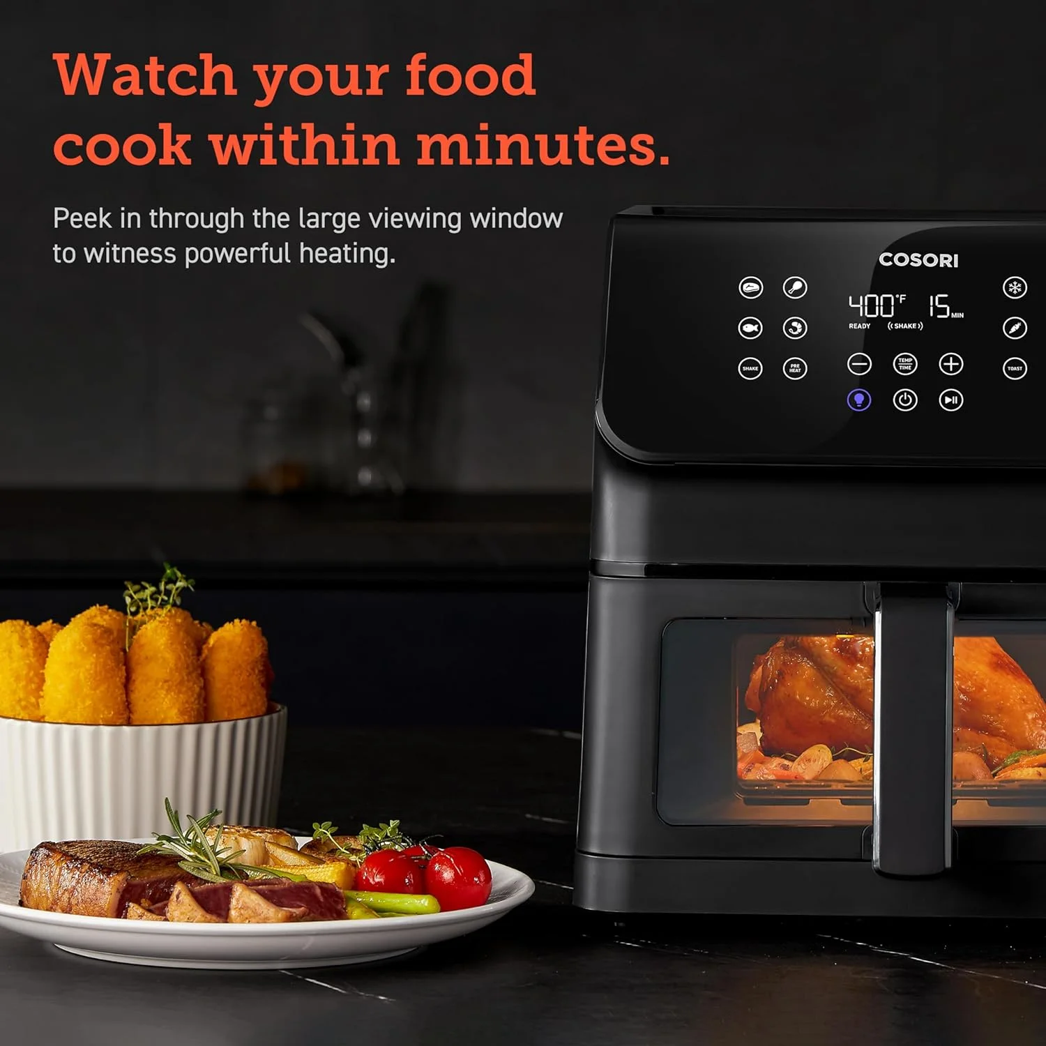 COSORI Clear Blaze Air Fryer, 6.5 Quart Large Compact Air fryer with Visible Window, 12 One-Touch Custom Functions, CAF-P652-KUS, Black