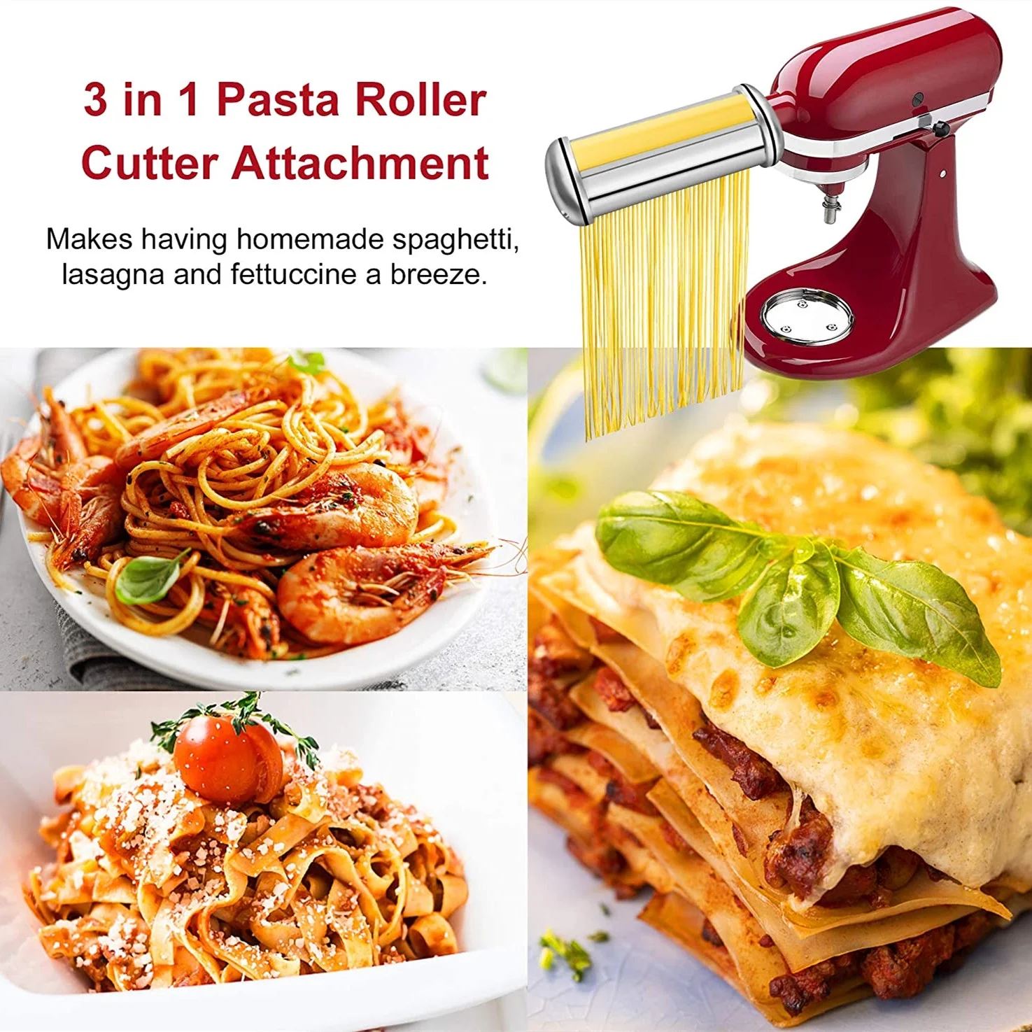 Kenome Pasta Roller Attachments Set for All KitchenAid Stand Mixer, Noodles Maker Attachment, 3-Piece Pasta Cutter Accessories Set