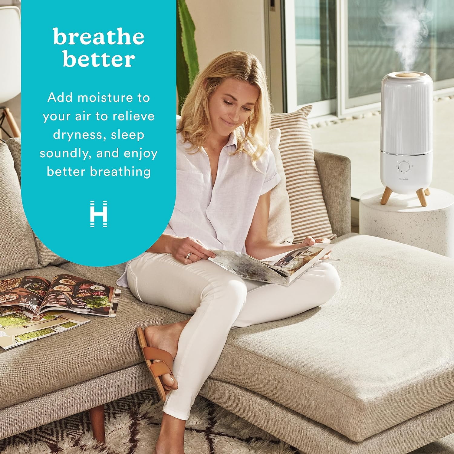 Homedics Total Comfort? Deluxe Ultrasonic Humidifier, 0.97-Gallon Tank, 45-Hour Runtime, Visible Ultra-Quiet Cool Mist, Aromatherapy, Night-Light, Auto-Off, White