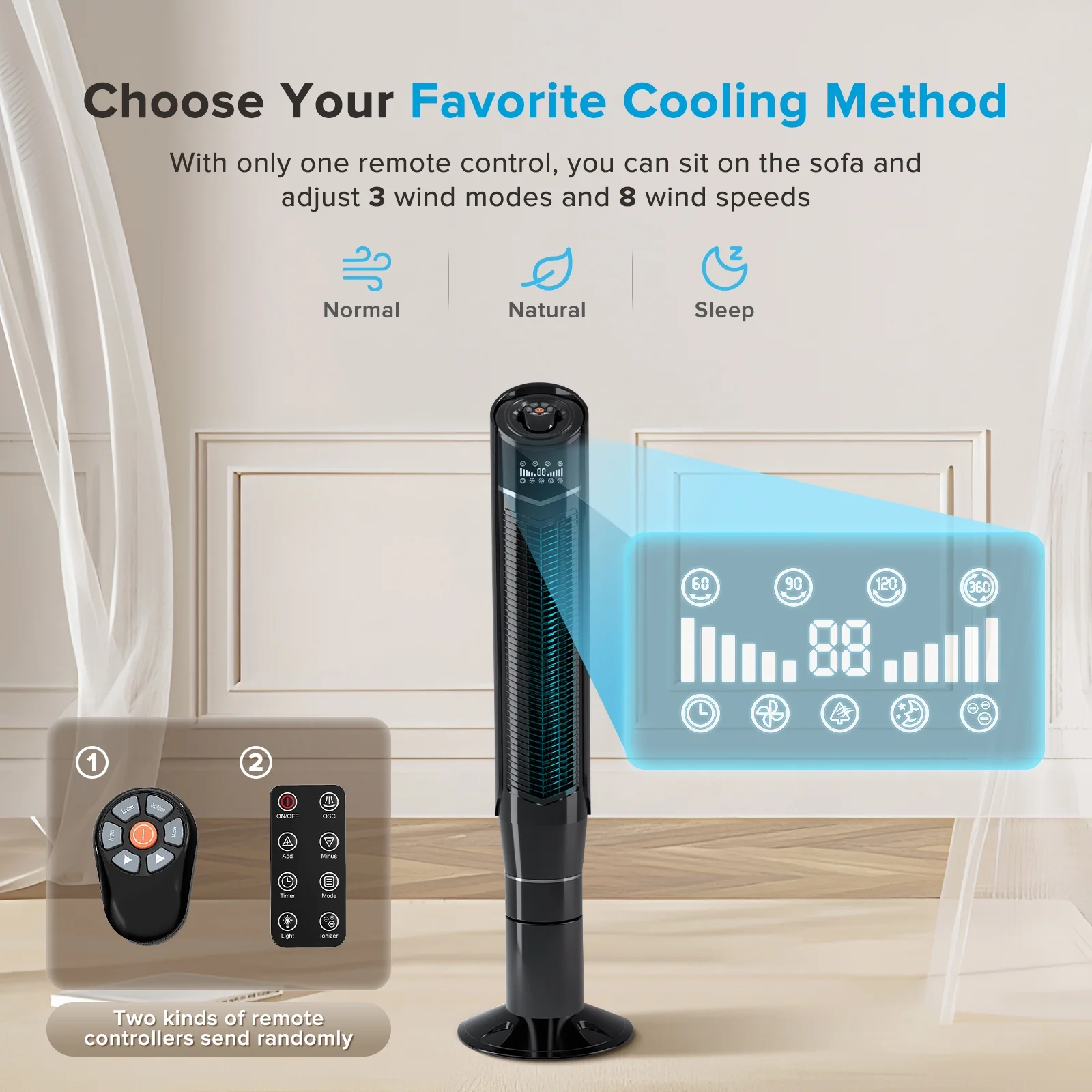 Auseo Tower Fan with Oscillation, Remote Control and LED Display, 3 Powerful Wind Modes, up to 12 H Timer Bladeless Standing Fan, Portable Fan for Children, Home, Dormitory or Office-Black