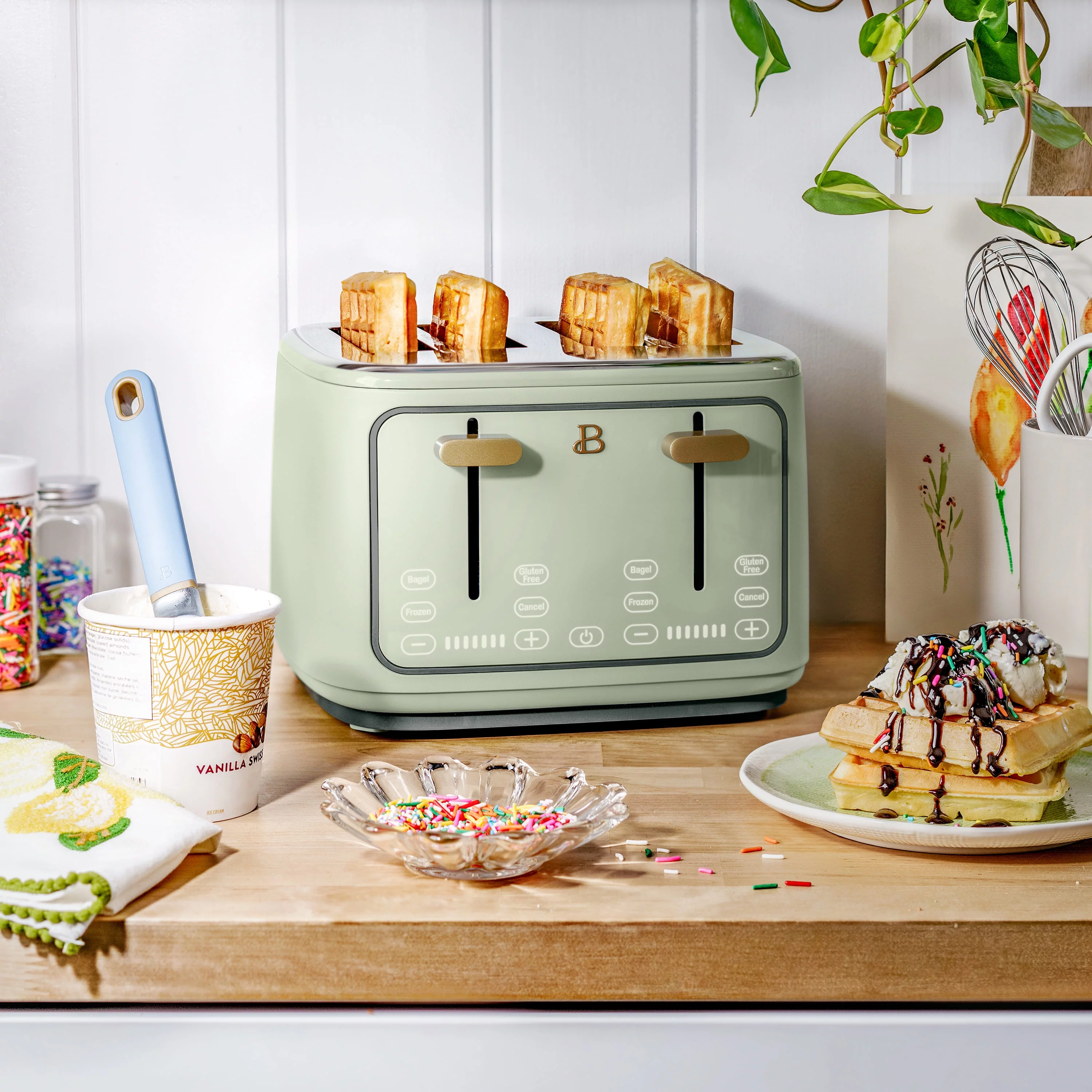 Beautiful 4-Slice Toaster with Touch-Activated Display, Sage Green by Drew Barrymore