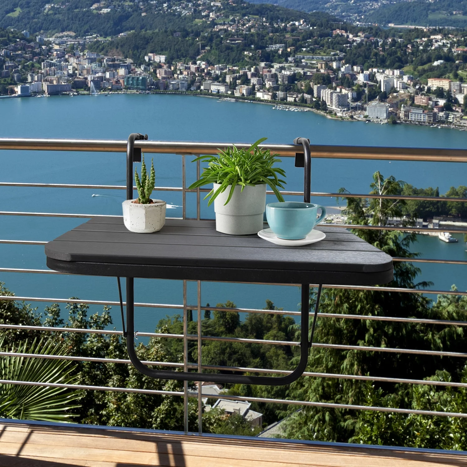 Balcony Table Hanging Deck Railing Table Outdoor Balcony Bar Table for Railings Folding Adjustable Black