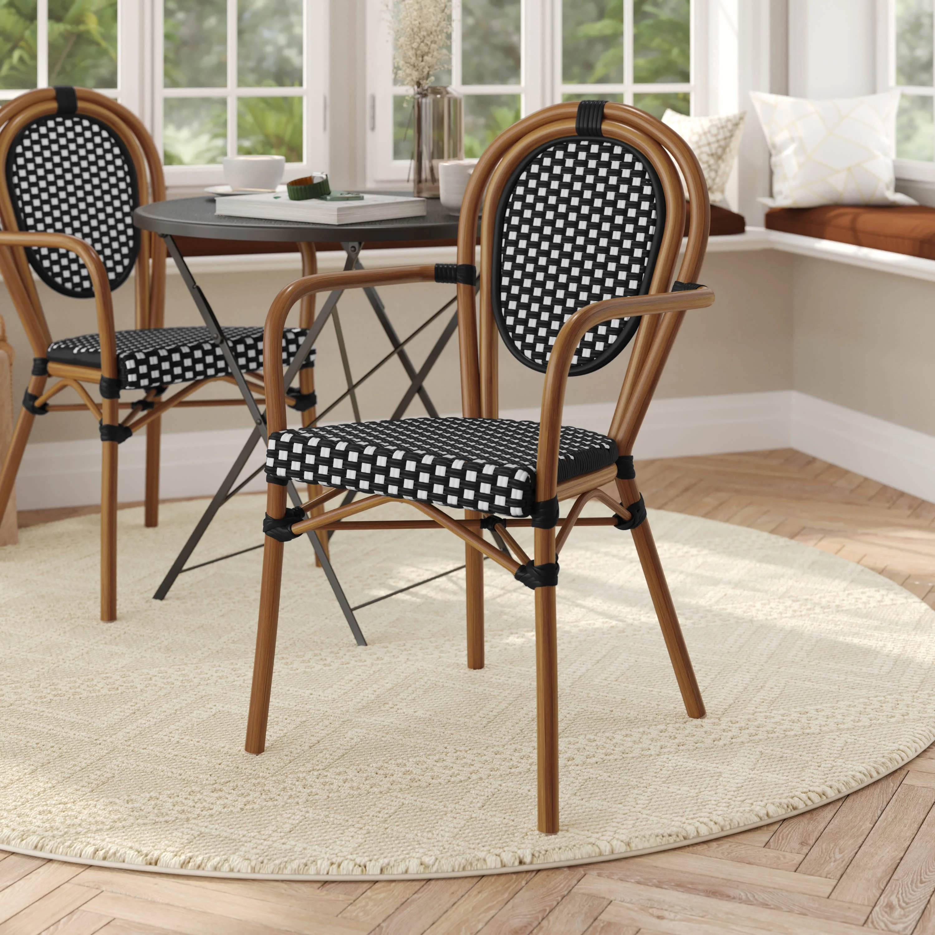 Flash Furniture Indoor/Outdoor Commercial Thonet French Bistro Stacking Chair with Arms, Black and White PE Rattan and Bamboo Print Aluminum Frame