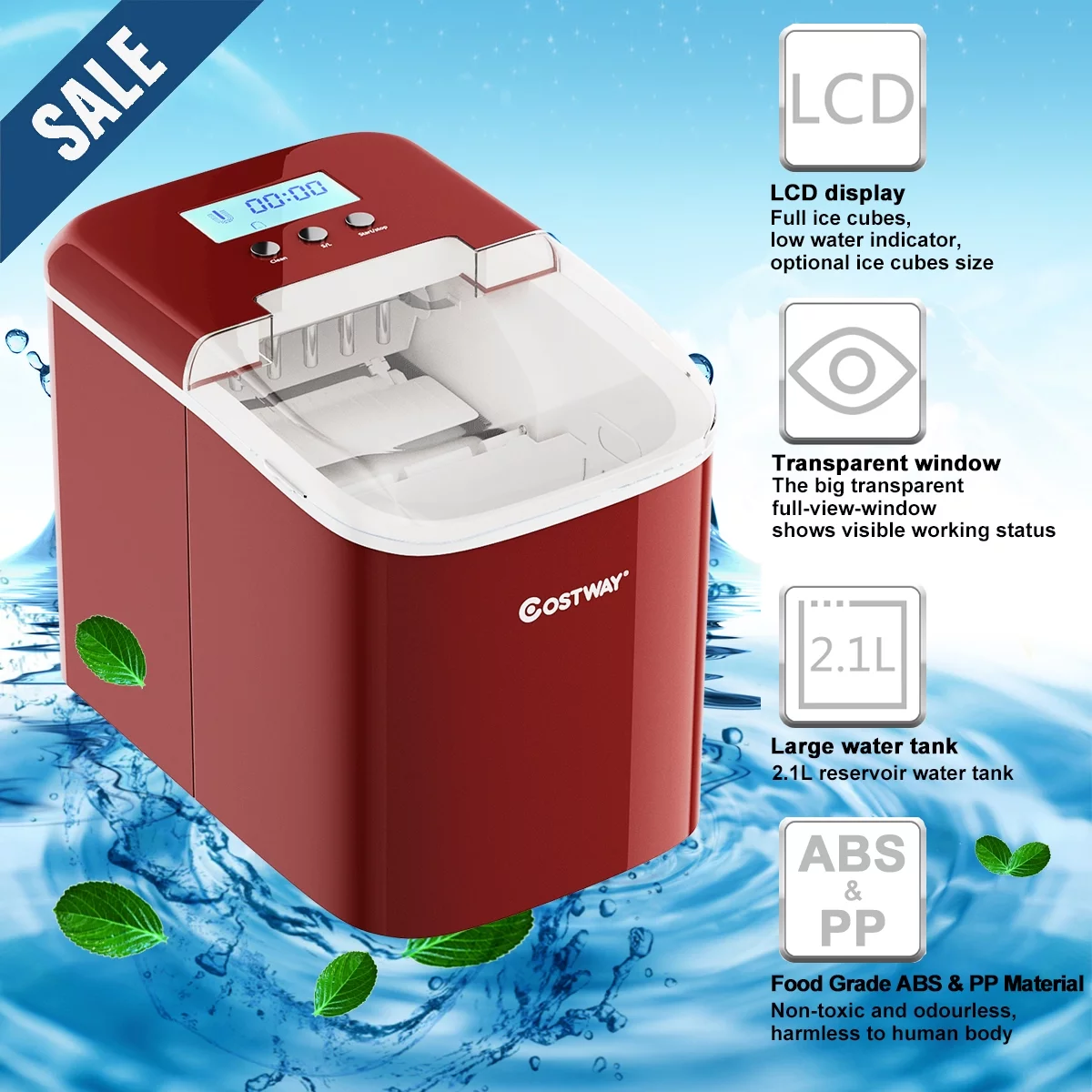 Costway Portable Ice Maker Machine Countertop 26LBS/24H LCD Display w/Ice Scoop Red