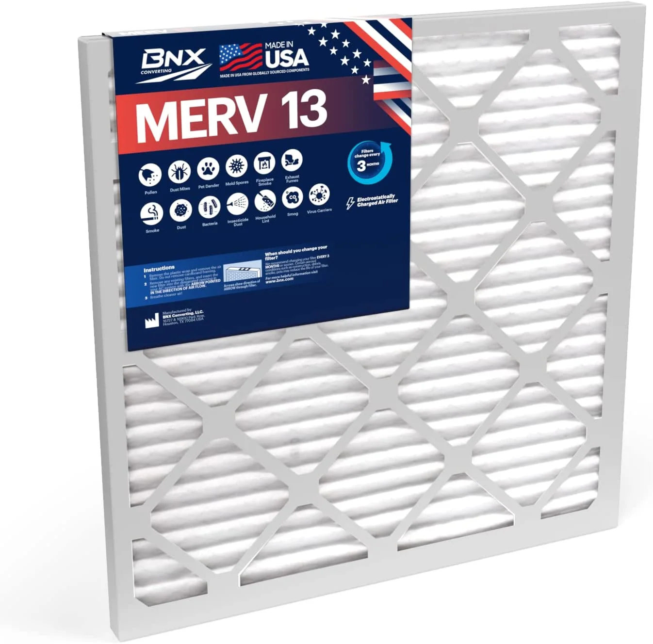 BNX 20x25x1 MERV 13 Air Filter 4 Pack - MADE IN USA - Electrostatic Pleated Air Conditioner HVAC AC Furnace Filters - Removes Pollen, Mold, Bacteria, Smoke