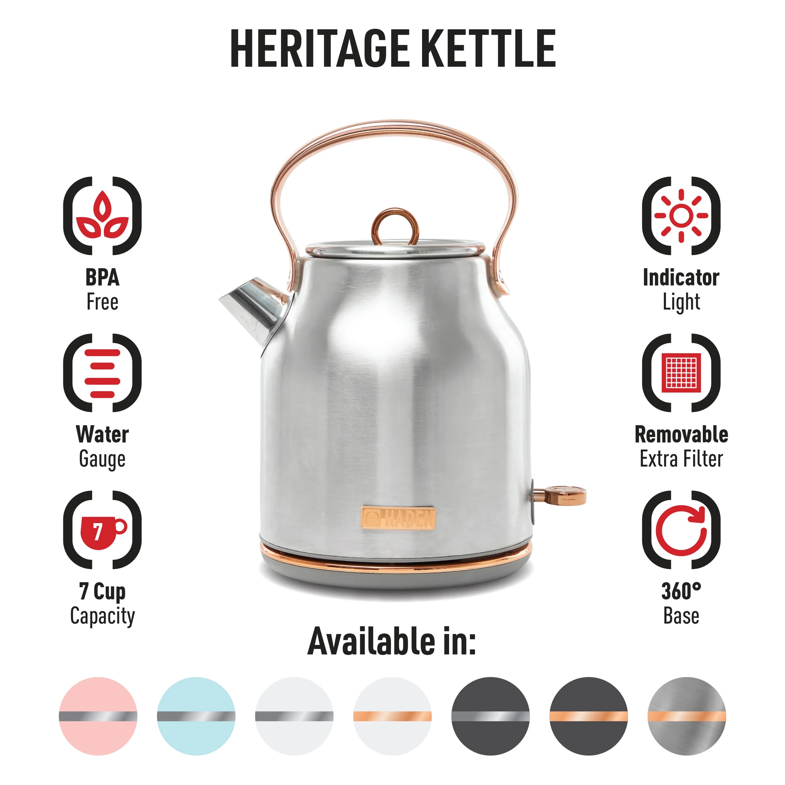 Haden Heritage 1.7 Liter Stainless Steel Electric Kettle, Steel / Copper - 75103