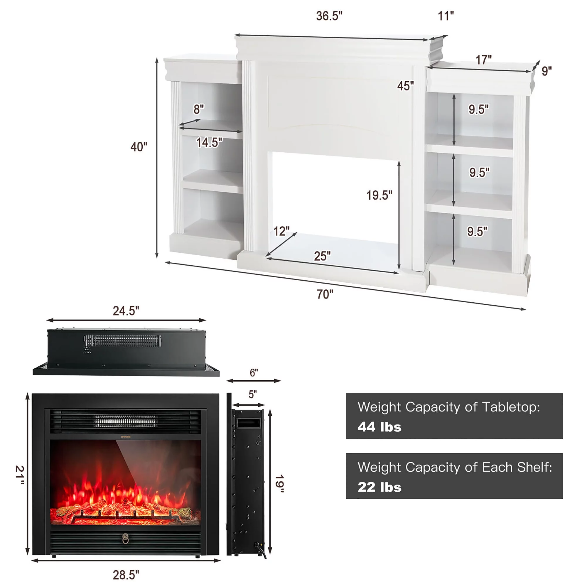 Gymax 70'' Fireplace TV Stand Media W/ 28.5'' 750W/1500W Electric Fireplace White