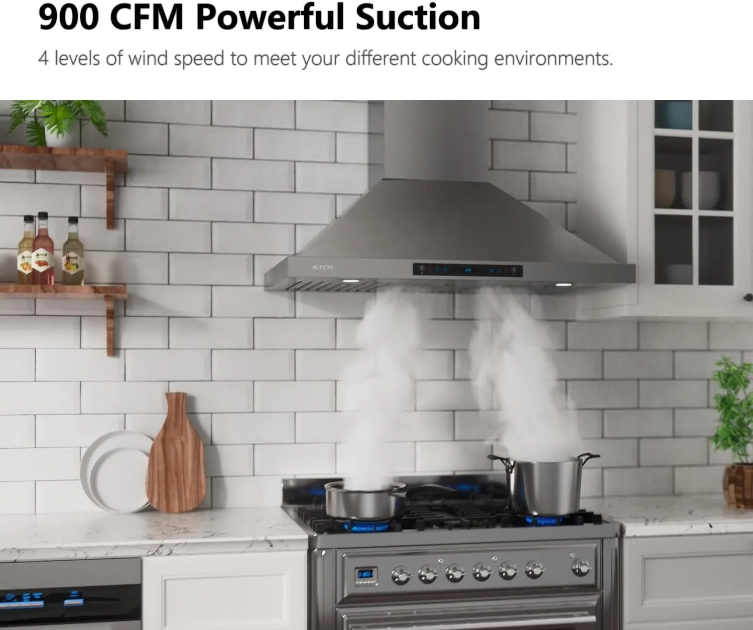 IKTCH 30 inch Wall Mount Range Hood 900 CFM Ducted/Ductless Convertible, Kitchen Chimney Vent Stainless Steel with Gesture Sensing & Touch Control Switch Panel, 2 Pcs Adjustable Lights(IKP02-30)