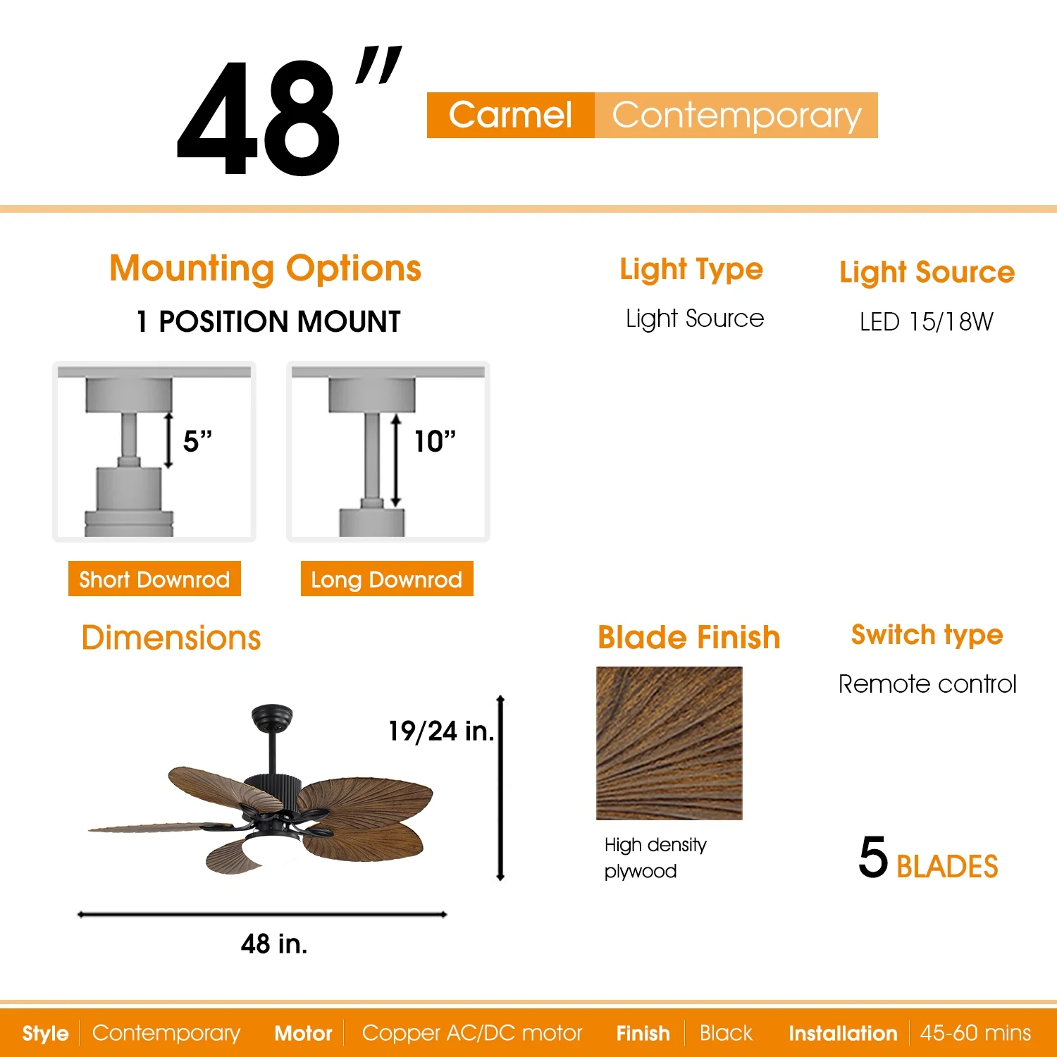 Kepooman 48 Inch Tropical Ceiling Fan With 3 Speed Wind 3 Color Dimmable Led Light Remote Control Reversible AC Motor