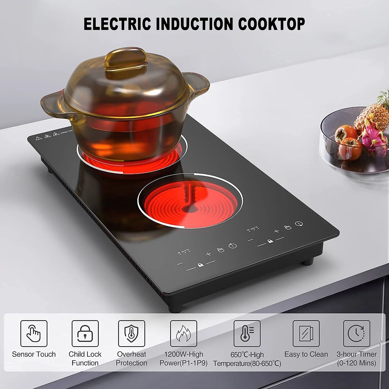 iMeshbean Electric Induction Cooktop 12 inch, Electric Stove Burner,Built-in and Countertop Electric Stove Top,LED Touch Screen,9 Heating Level,Timer & Kid Safety Lock,110V,2000W(Plug in)