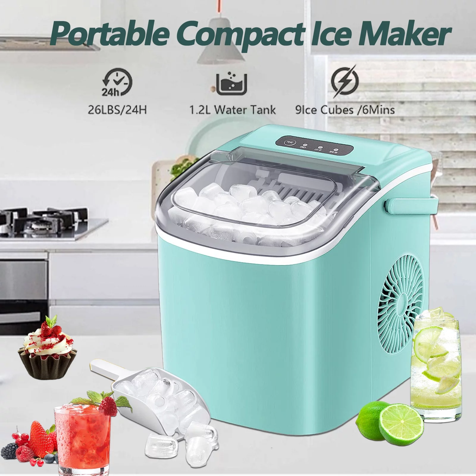 Ice Makers Countertop, Protable Ice Maker Machine with Handle, Self-Cleaning, 26Lbs/24H, 9 Ice Cubes Ready in 8 Mins, for Home/Office/Kitchen (Green)