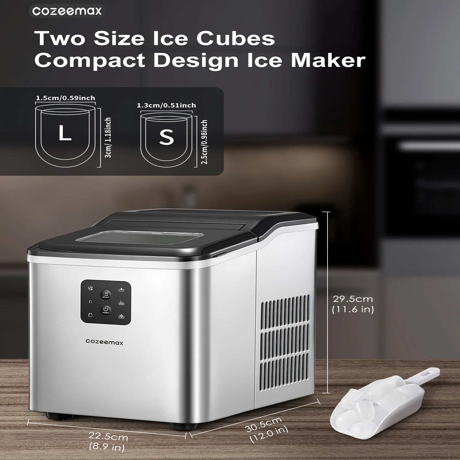 Cozeemax Ice Maker Machine Countertop, Self-Cleaning, 26lb 2 Cube Sizes in 24 Hours, 9 Ice Cubes in 6 Minutes, Ice Machine with Ice Scoop and Basket