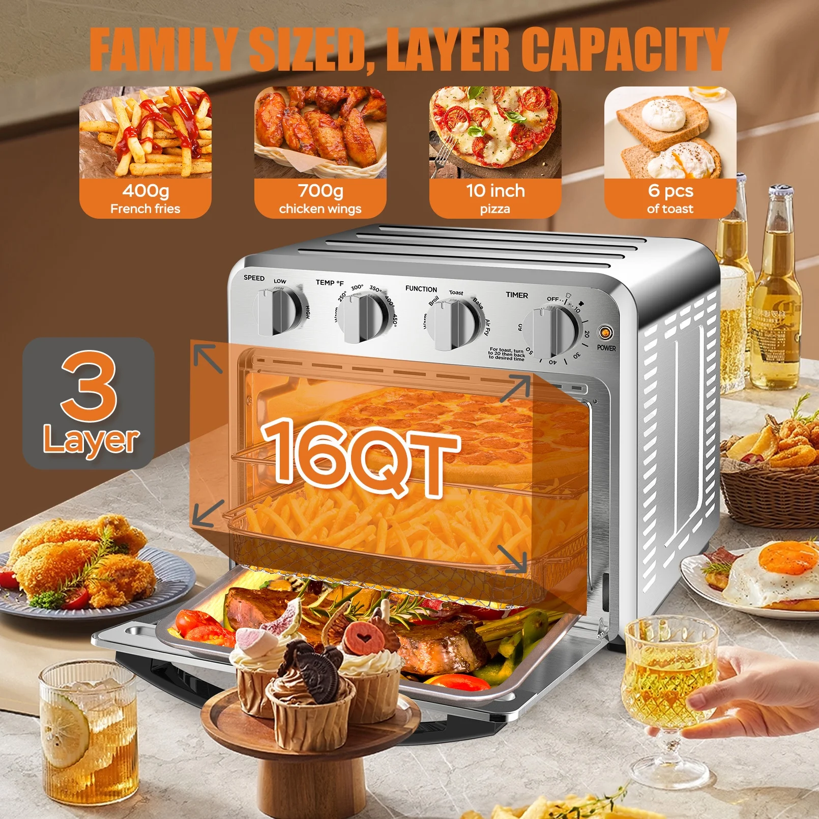 Homlixry Air Fryer Oven, 16QT Toast Oven, 4 Slice Toaster Convection Air Fryer Oven Warm, Broil, Toast, Bake, Oil-Free, Accessories Included, Stainless Steel, Silver