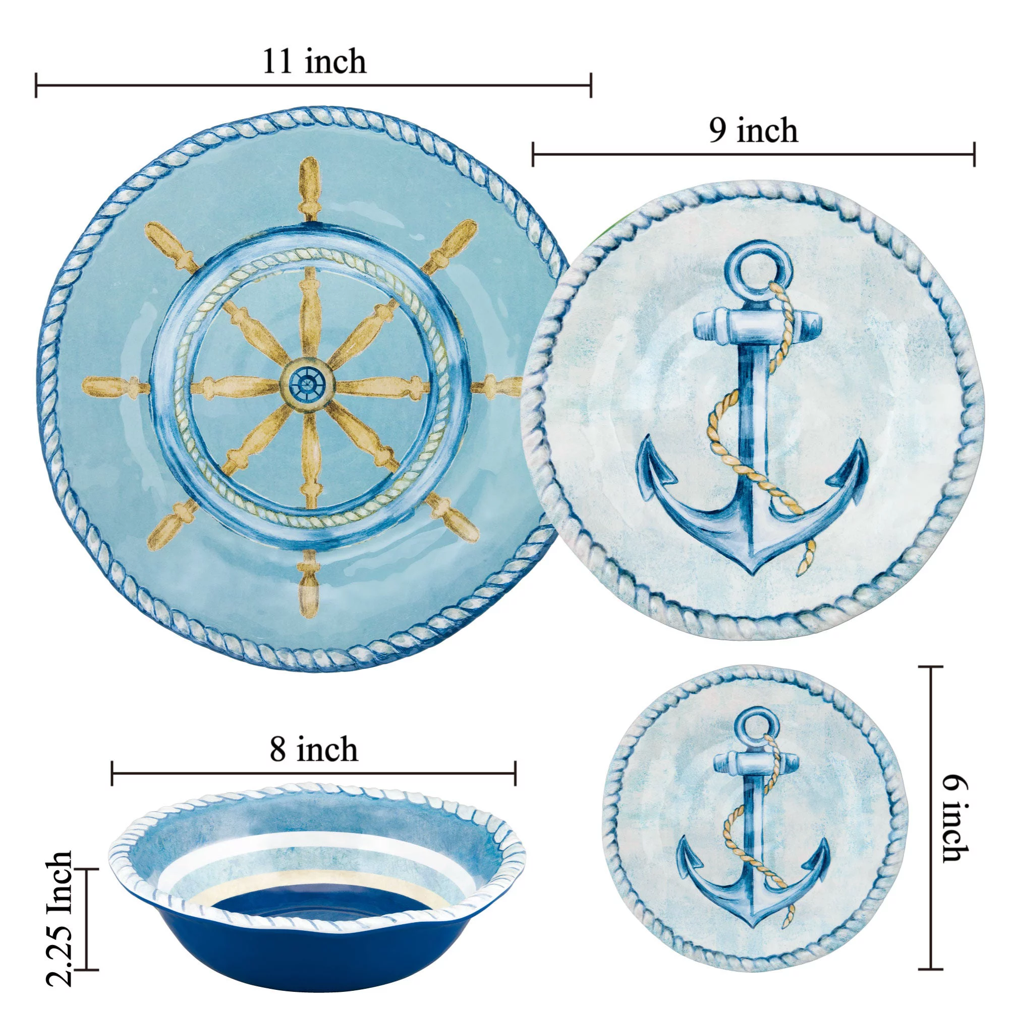 Gourmet Art 16-Piece Melamine Dinnerware Set, Includes Dinner Plates, Salad Plates, Dessert Plates, Bowls, Service for 4. (Sail Away)