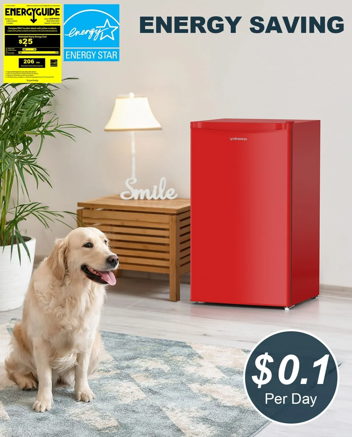 AUCHI 3.2 Cu.Ft Mini Fridge with Freezer, Single Door, Adjustable Thermostat, Refrigerator for Dorm, Office, Bedroom, Red-BR321