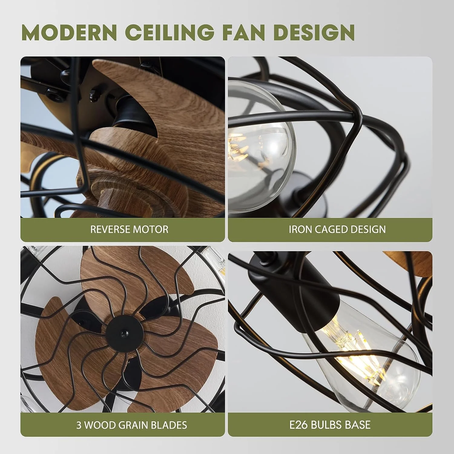 HOOMEDELIER 21' Industrial Indoor Flush Mount Low Profile Caged Ceiling Fan with Light and Remote,Enclosed 3 Blades - Black