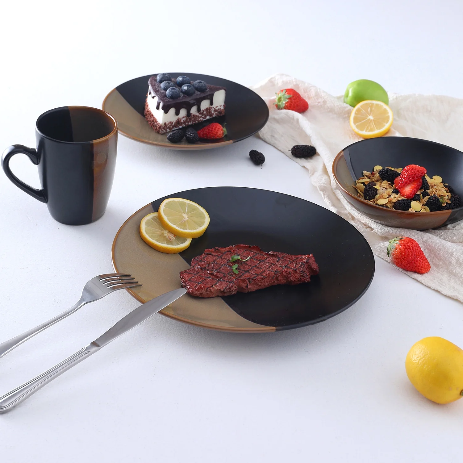 Bestone 16 Pieces Dipping Glaze with speckle Stoneware Porcelain, Chip Resistant, Dinnerware Sets, Plates, Dishes, Bowls, Service for 4, Brown and Black