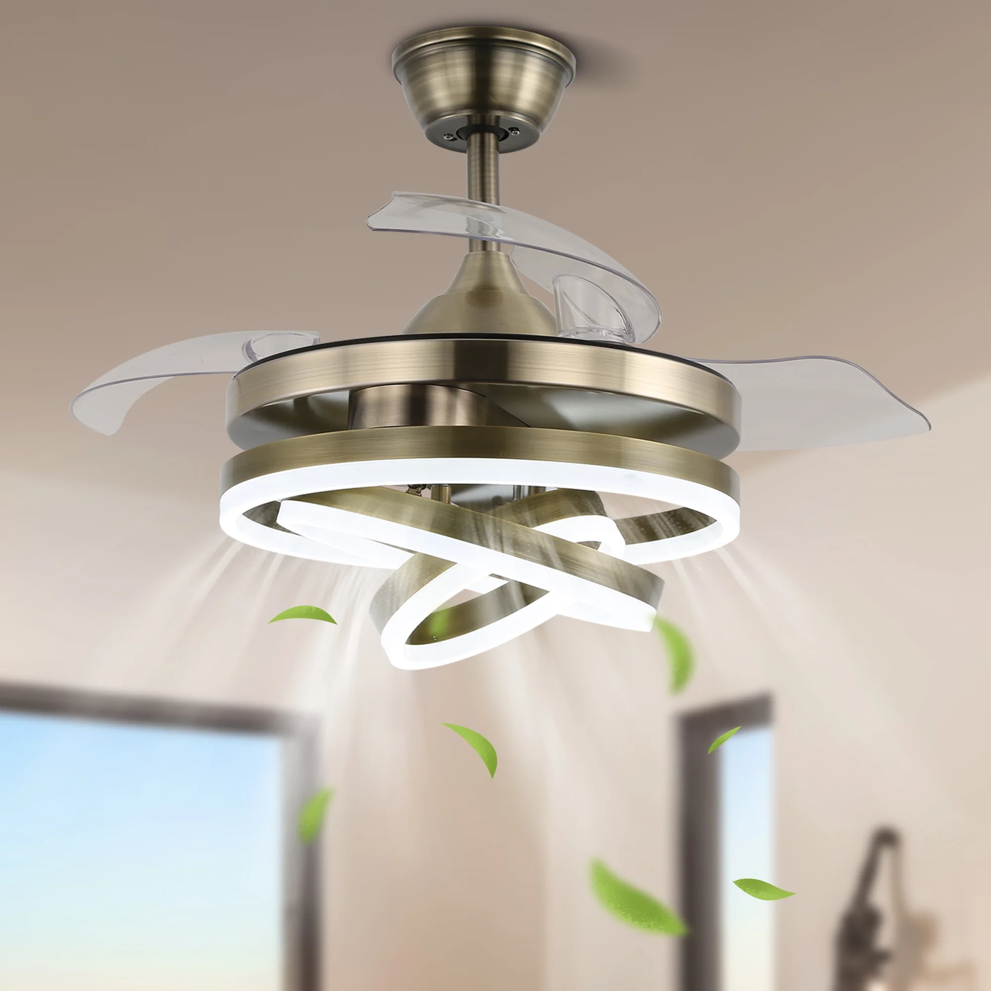 Cusp Barn 36' Retractable Ceiling Fan with Lights, Modern DIY Shape LED Ceiling Light with Remote Control and ABS Blades for Bedroom Living Room
