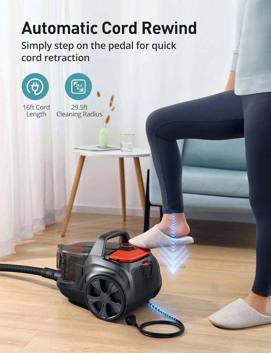 Canister Vacuum Cleaner, 1200W Bagless Vacuum Cleaner with 3.7Qt Large Capacity, HEPA Filter, Auto Cord Rewind, 5 Tools, Lightweight Vacuum Cleaner for Hard Floors, Carpet, Pet Hair and Upholstery