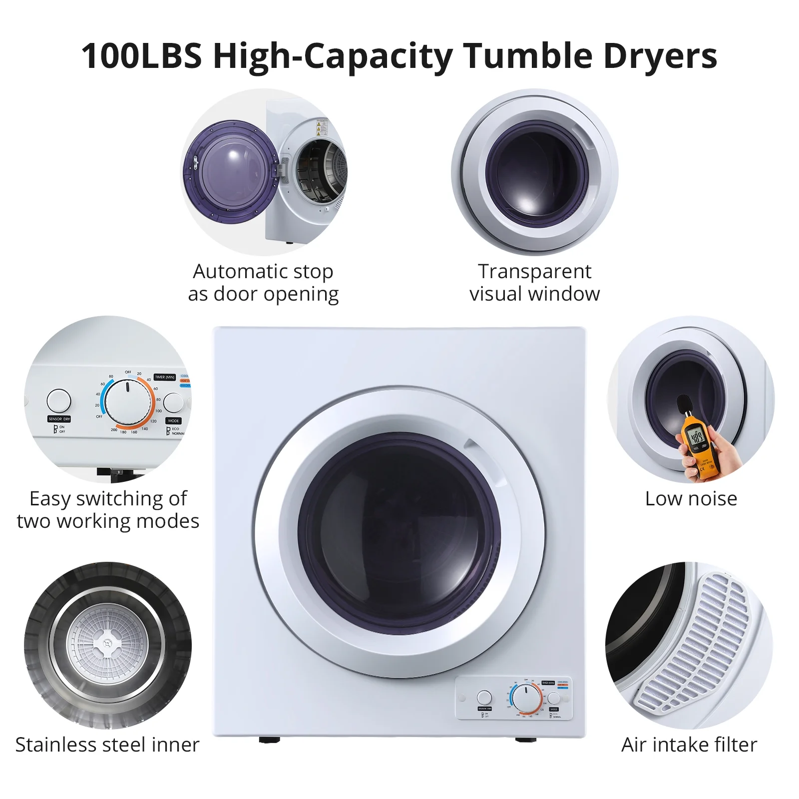 Compact Clothes Dryer 2.65 cu.ft Portable Clothes Dryers with Stainless Steel Liner Dries Up to 14.4 lbs of Clothes 1400W Small Dryer Machine for Apartments Dorm RVs White