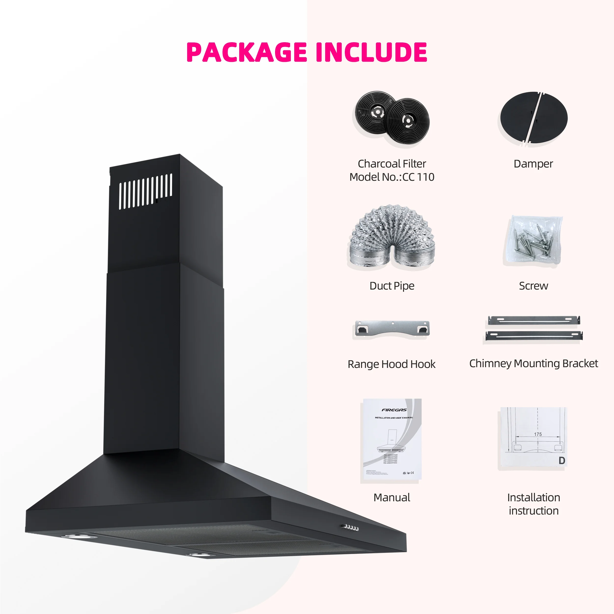 FIREGAS Wall Mount Range Hood 30 inch Black Vent Hood for Kitchen,500 CFM with Ducted Convertible Ductless Kitchen Hood in Stainless Steel, 3-speed Whole-House Fan, LED Lights