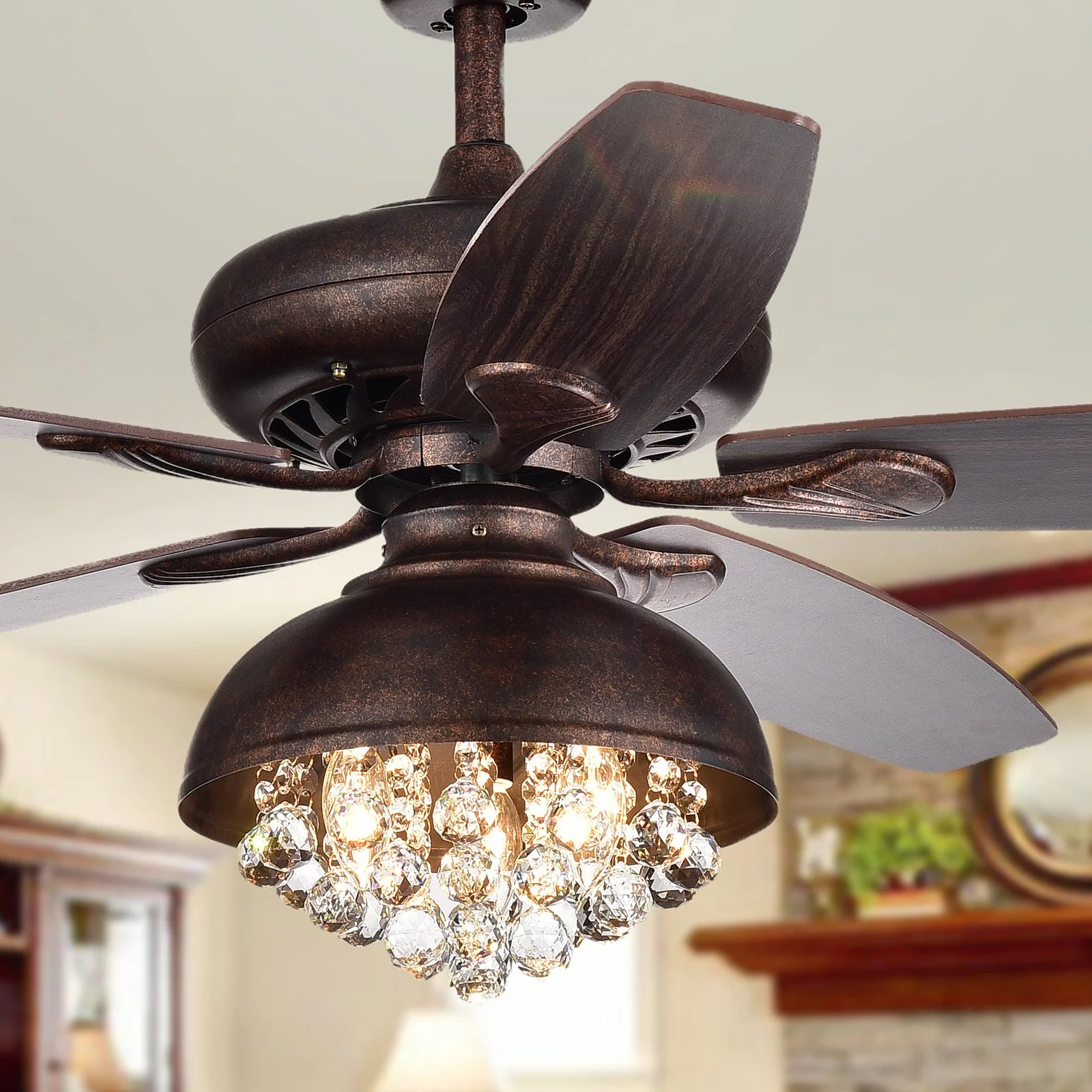 Fredix 5-Blade 52-Inch Speckled Bronze Ceiling Fan with Hooded Crystal Chandelier (Remote Controlled)