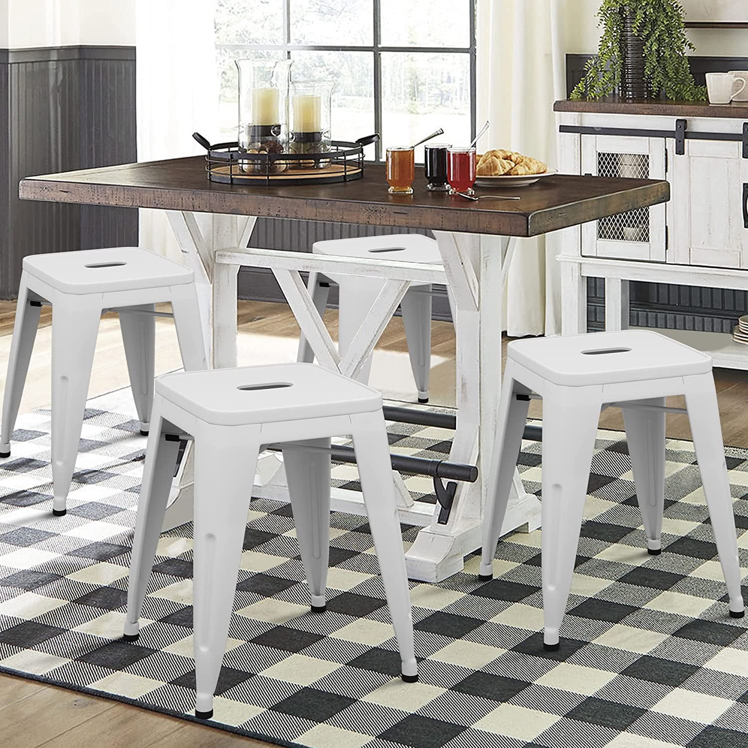 Andeworld 18' Modern Industrial Metal Stools Classroom Stools Stackable Dining Chair Kids Short Stools[Set of 4, White]