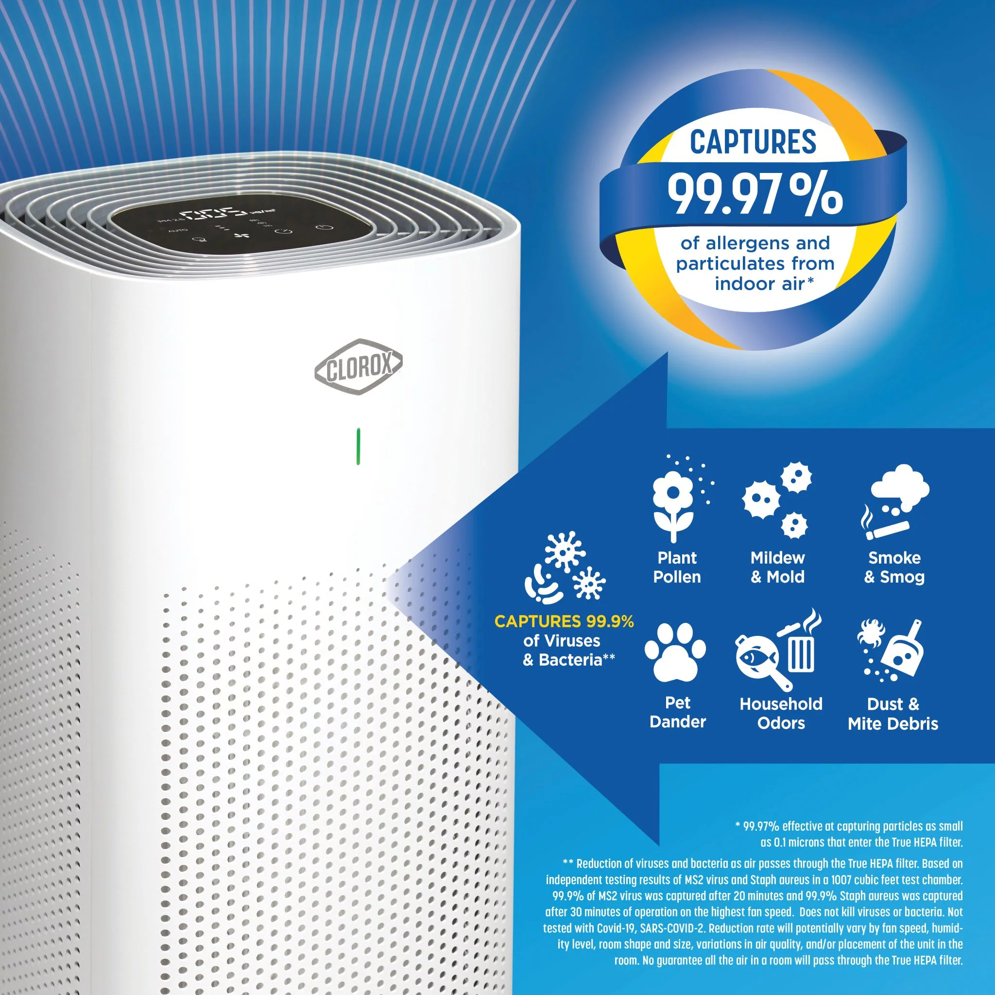 Clorox Large Room Air Purifier, True HEPA Filter, up to 1,500 Sq. ft. Capacity, 11010