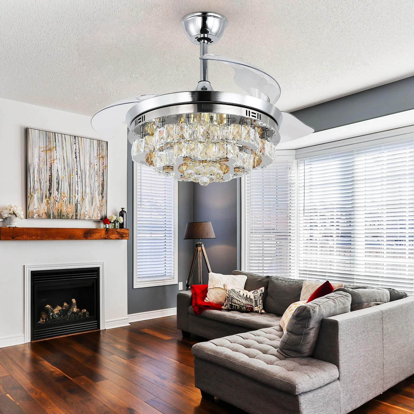 Deckrico 42' Crystal Ceiling Fan with Chandelier 6 Speeds Fandelier 3 Blades Indoor Ceiling Fan Light for Bedroom