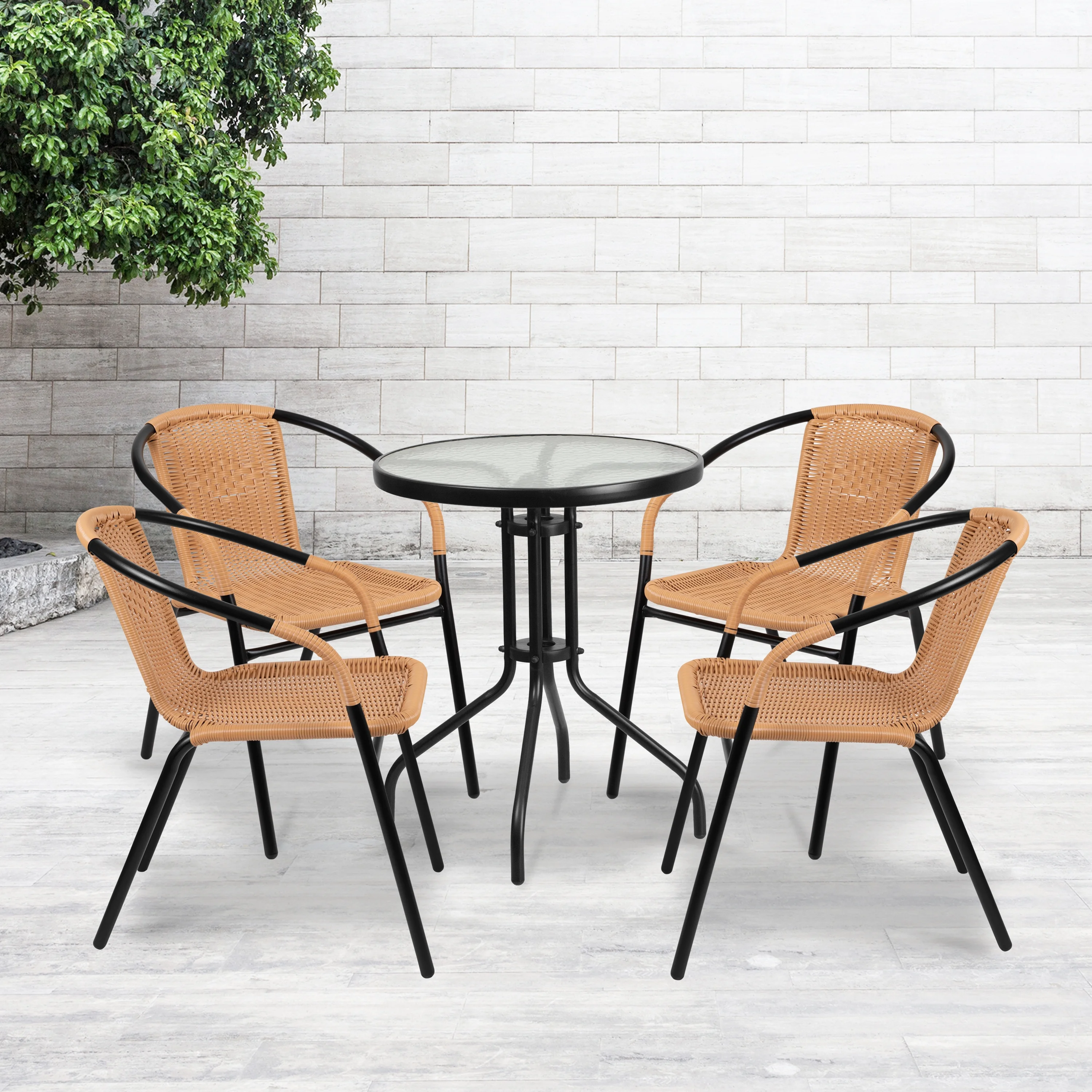 Flash Furniture Lila 4 Pack Beige Rattan Indoor-Outdoor Restaurant Stack Chair
