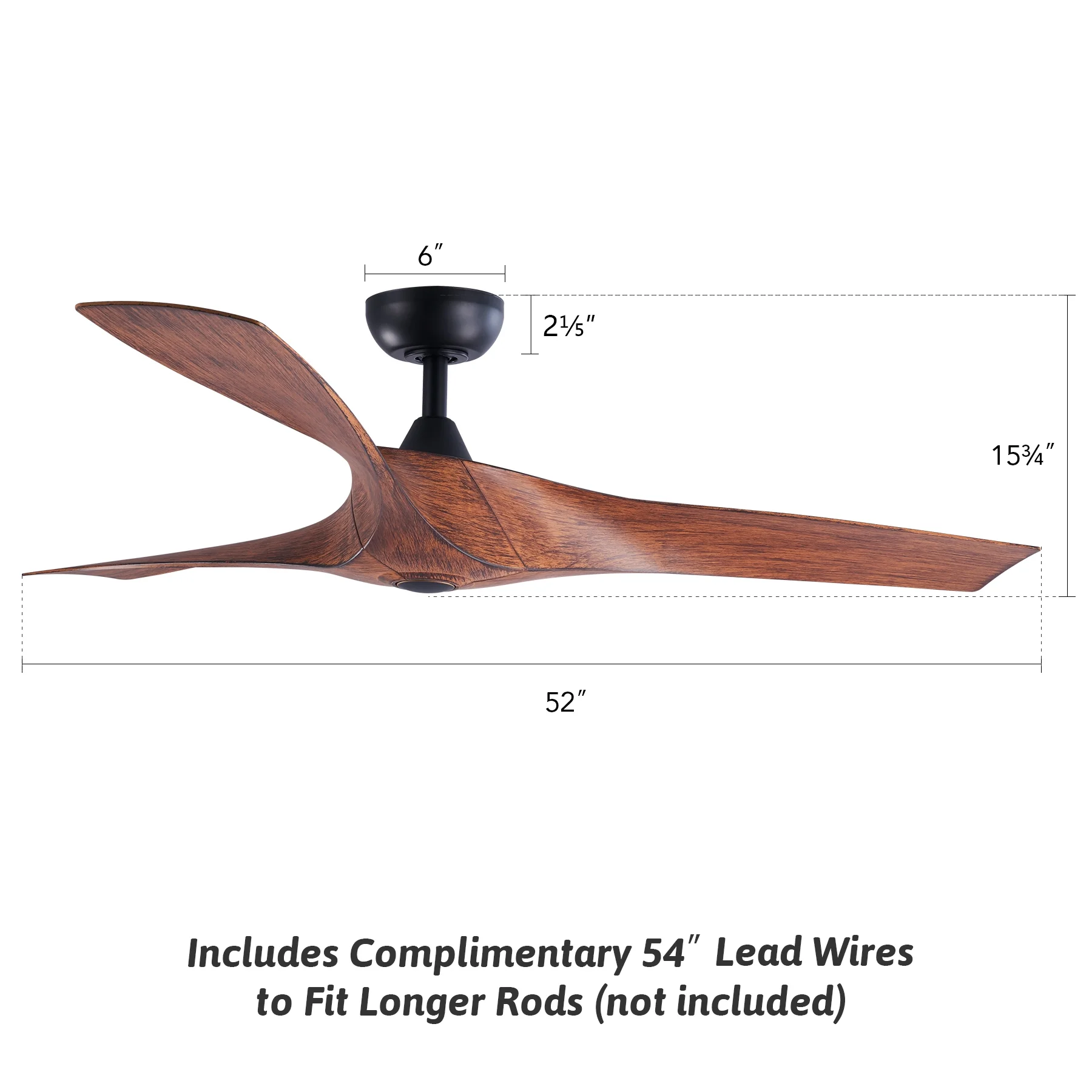 52' Walnut Ceiling Fan with Remote, 3 Blades, 6 Speeds, Timer, More